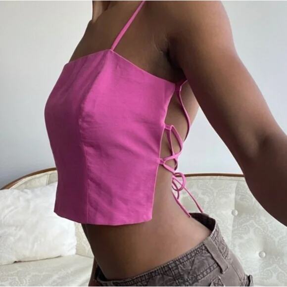 ZARA Flowy Crop Top Square Neck Spaghetti Strap Lace Up Open Back Tank Top Pink - Picture 2 of 14